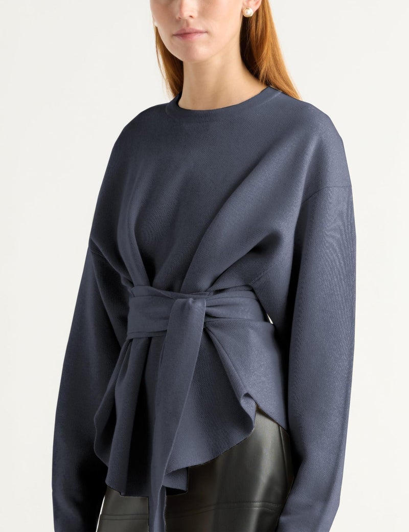 Yeokou Women Tie Front Sweater Soft Loose Long Sleeve Crew Neck Belt Knit Pullover Top Office Dressy(Navy-M) - Image 4