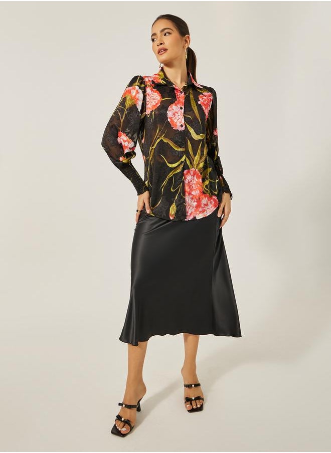 Styli - Floral Print Cuffed Sleeve Collared Shirt - Image 1