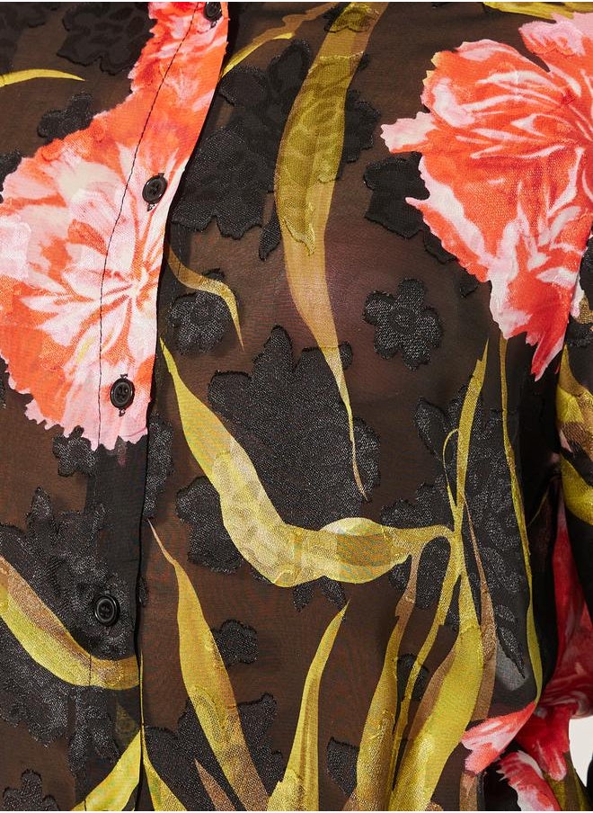 Styli - Floral Print Cuffed Sleeve Collared Shirt - Image 1