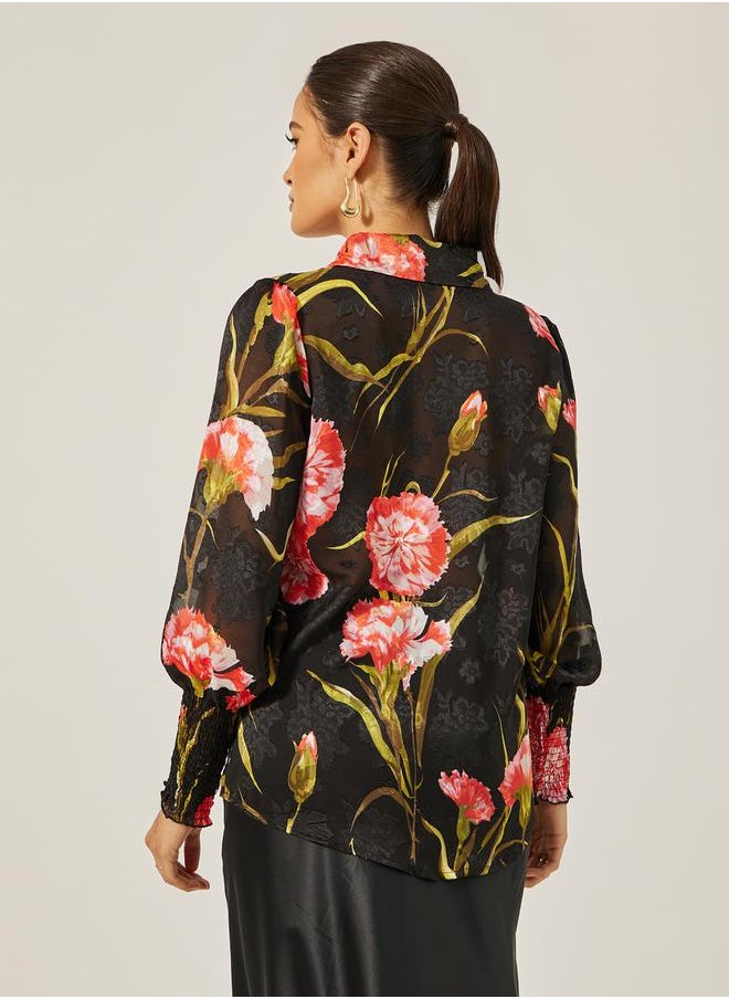Styli - Floral Print Cuffed Sleeve Collared Shirt - Image 1