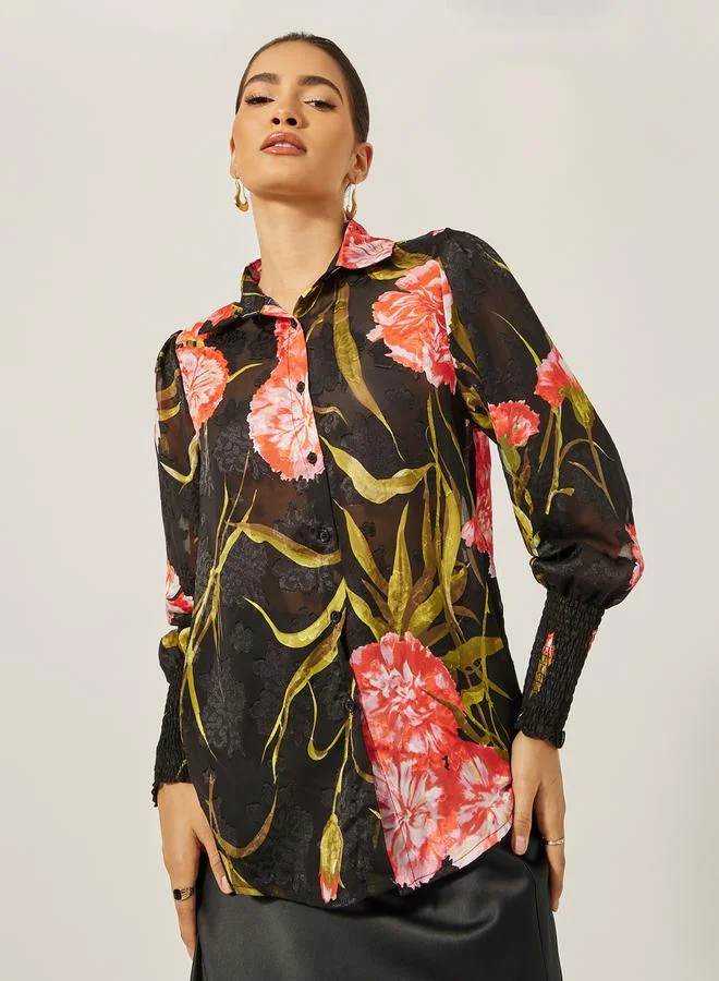 Styli Floral Print Cuffed Sleeve Collared Shirt