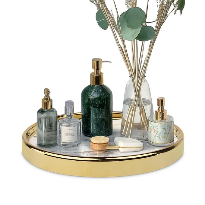 ROUND MARBLE DECORATIVE TRAY MULTIFUNCTIONAL STORAGE ORGANIZER FOR VANITY COFFEE TABLE JEWELRY PERFUMES AND HOME DECOR LUXURY ACCENT TRAY