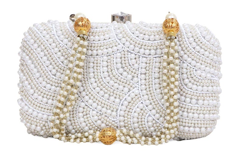 DUCHESS Women's Velvet Pearl Box Clutch with Detachable Chain Sling Strap - Hand Clutch Wallet Purse for Wedding Party, Casual (White, 7 x2x 4 inches) - Image 1