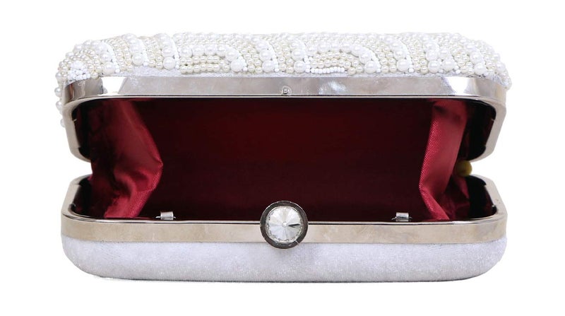 DUCHESS Women's Velvet Pearl Box Clutch with Detachable Chain Sling Strap - Hand Clutch Wallet Purse for Wedding Party, Casual (White, 7 x2x 4 inches) - Image 4
