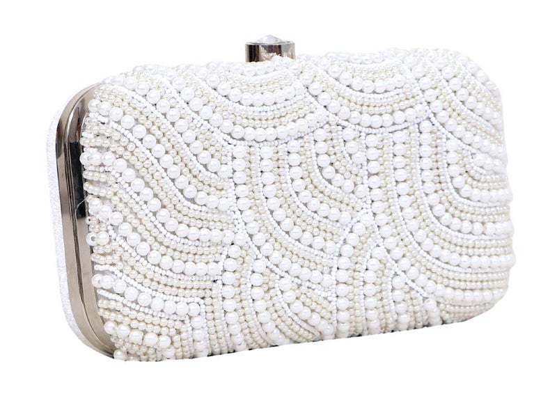 DUCHESS Women's Velvet Pearl Box Clutch with Detachable Chain Sling Strap - Hand Clutch Wallet Purse for Wedding Party, Casual (White, 7 x2x 4 inches) - Image 2