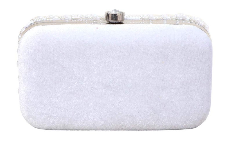 DUCHESS Women's Velvet Pearl Box Clutch with Detachable Chain Sling Strap - Hand Clutch Wallet Purse for Wedding Party, Casual (White, 7 x2x 4 inches) - Image 3