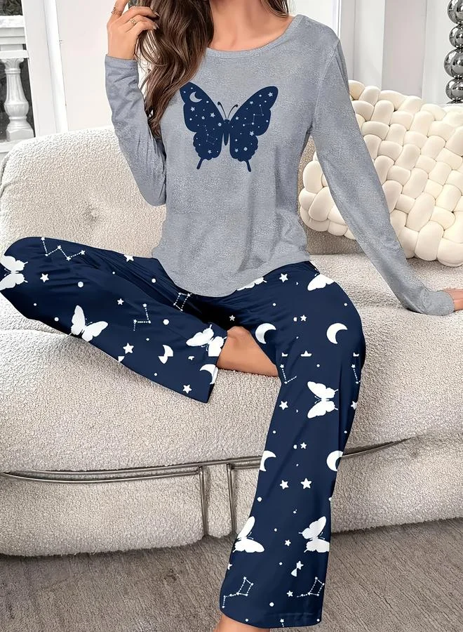 Take Two Take Two Butterfly Print Long Sleeve T-Shirt and Pyjama Set