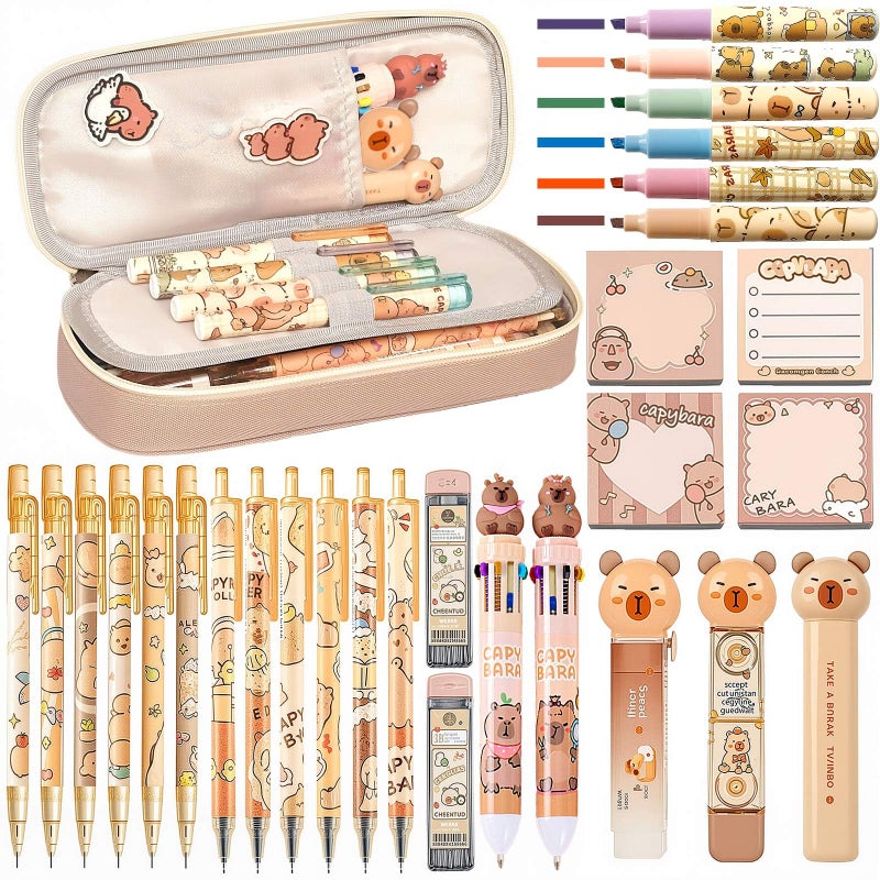 Daphilly Capybara Stationery Set,Cute Capybara School Supplies,Kawaii Stationery Birthday Gifts,Includes Ballpoint Pens,Eraser, Mechanical Pencils,Correction Tape,Gel Pens,Scissors,for Office School Supplies - Image 1