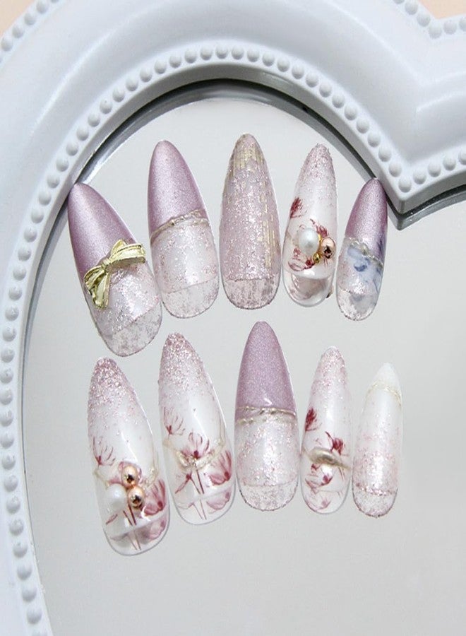 Hrnsnails Nail Press ons, Almond Press On Nails Medium Girls Fake Nails with Flowers & 3D Pearl Bow Glitter Fashion Design, Acrylic Artificial False Nails Press On Stick On Nails for Women - Image 4