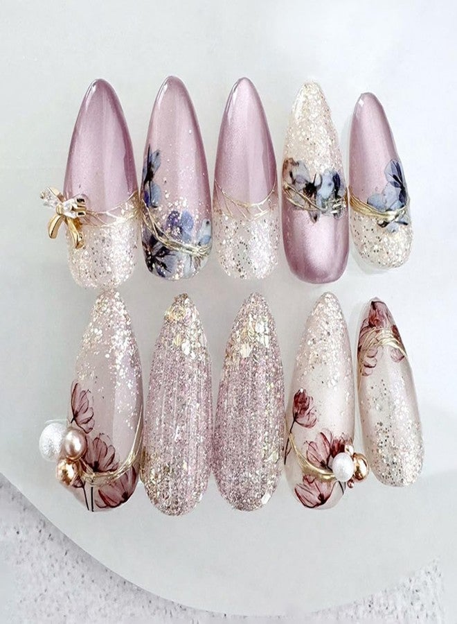 Hrnsnails Nail Press ons, Almond Press On Nails Medium Girls Fake Nails with Flowers & 3D Pearl Bow Glitter Fashion Design, Acrylic Artificial False Nails Press On Stick On Nails for Women - Image 1