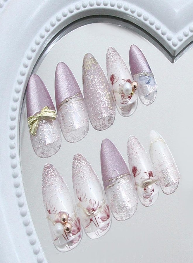 Hrnsnails Nail Press ons, Almond Press On Nails Medium Girls Fake Nails with Flowers & 3D Pearl Bow Glitter Fashion Design, Acrylic Artificial False Nails Press On Stick On Nails for Women - Image 3