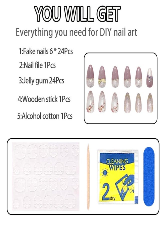 Hrnsnails Nail Press ons, Almond Press On Nails Medium Girls Fake Nails with Flowers & 3D Pearl Bow Glitter Fashion Design, Acrylic Artificial False Nails Press On Stick On Nails for Women - Image 5