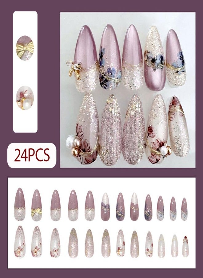 Hrnsnails Nail Press ons, Almond Press On Nails Medium Girls Fake Nails with Flowers & 3D Pearl Bow Glitter Fashion Design, Acrylic Artificial False Nails Press On Stick On Nails for Women - Image 2