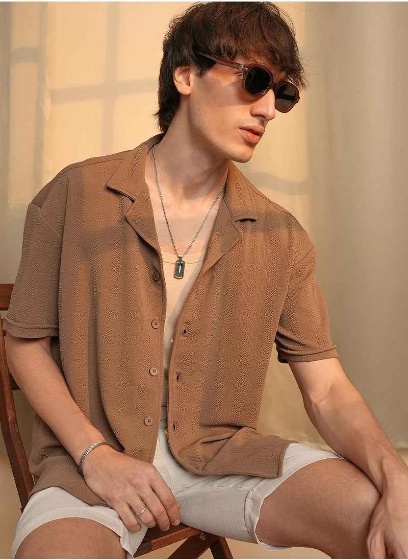 كامبوس سوترا Men's Tan Brown Rope-Textured Oversized Shirt  - Image 1