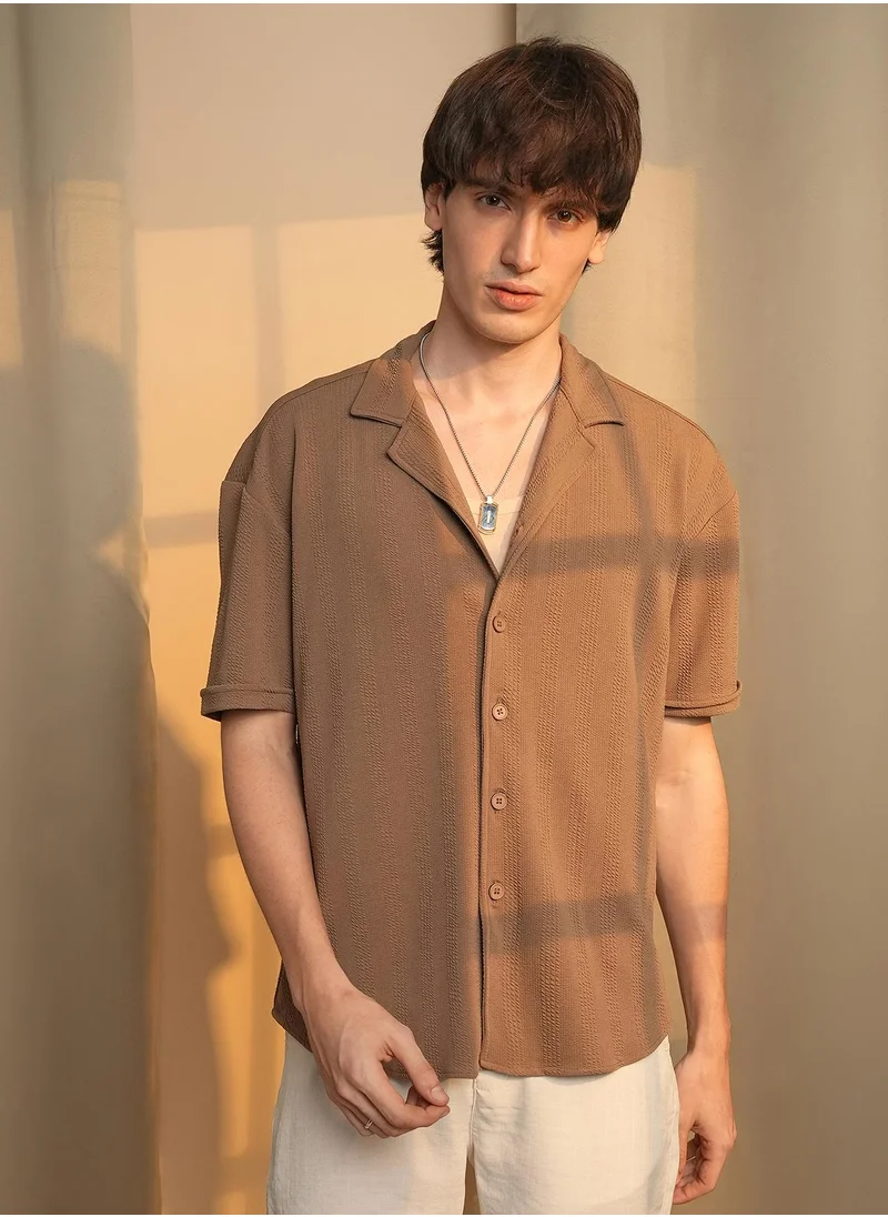 Campus Sutra Men's Tan Brown Rope-Textured Oversized Shirt