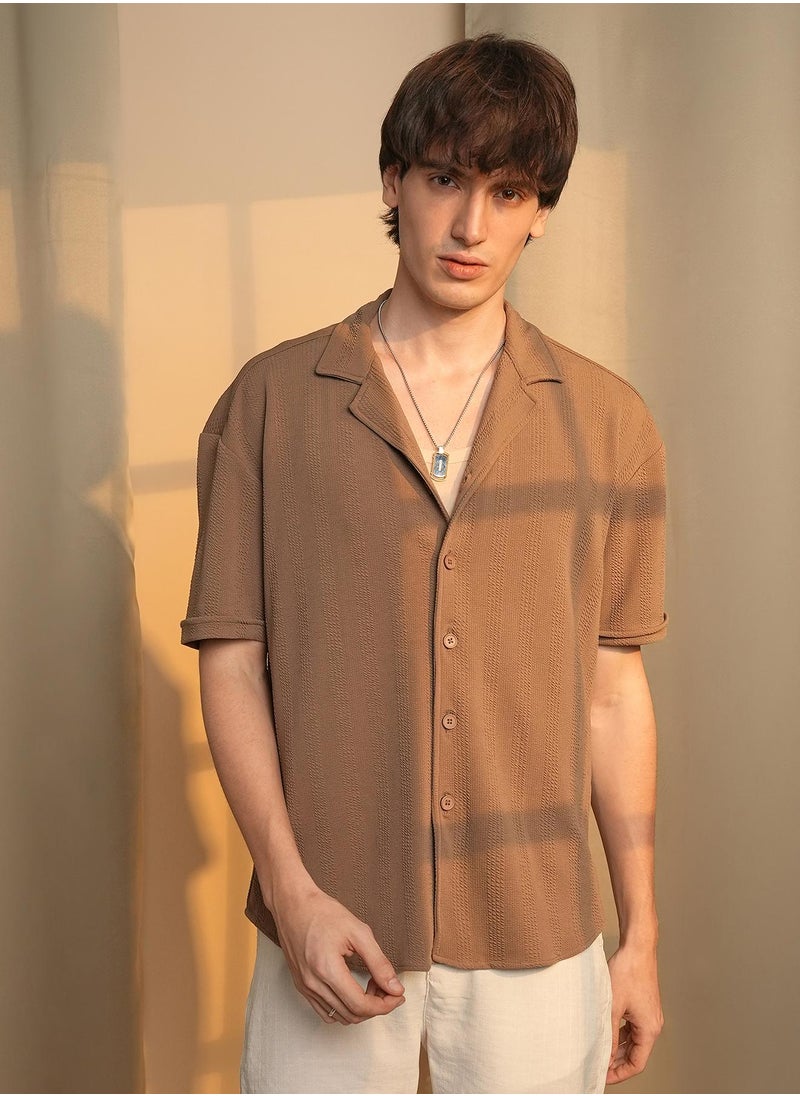 كامبوس سوترا Men's Tan Brown Rope-Textured Oversized Shirt  - Image 2