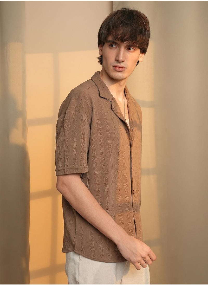 كامبوس سوترا Men's Tan Brown Rope-Textured Oversized Shirt  - Image 3