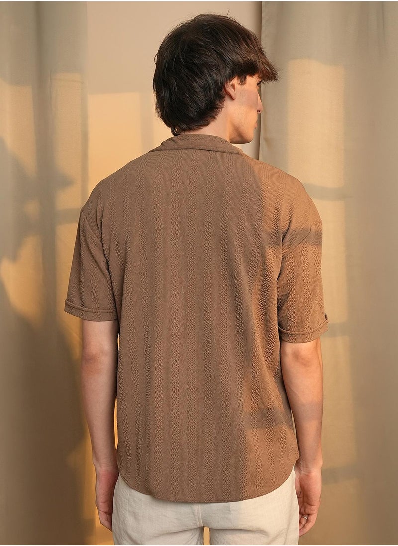 كامبوس سوترا Men's Tan Brown Rope-Textured Oversized Shirt  - Image 5