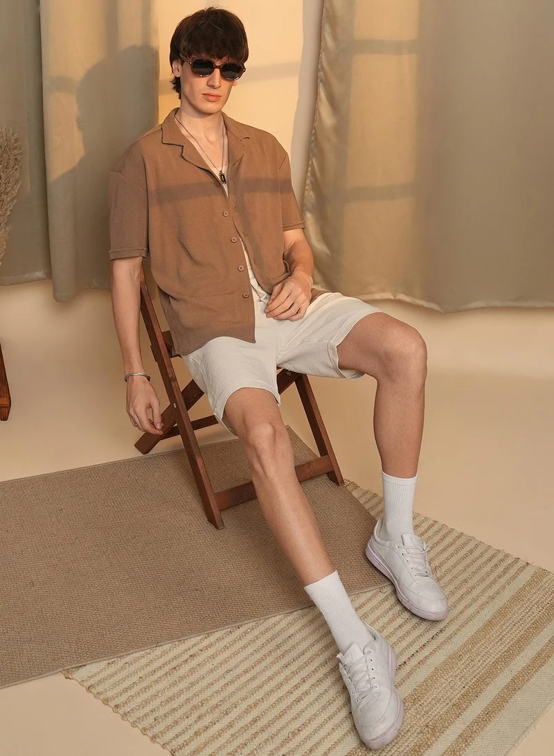 كامبوس سوترا Men's Tan Brown Rope-Textured Oversized Shirt