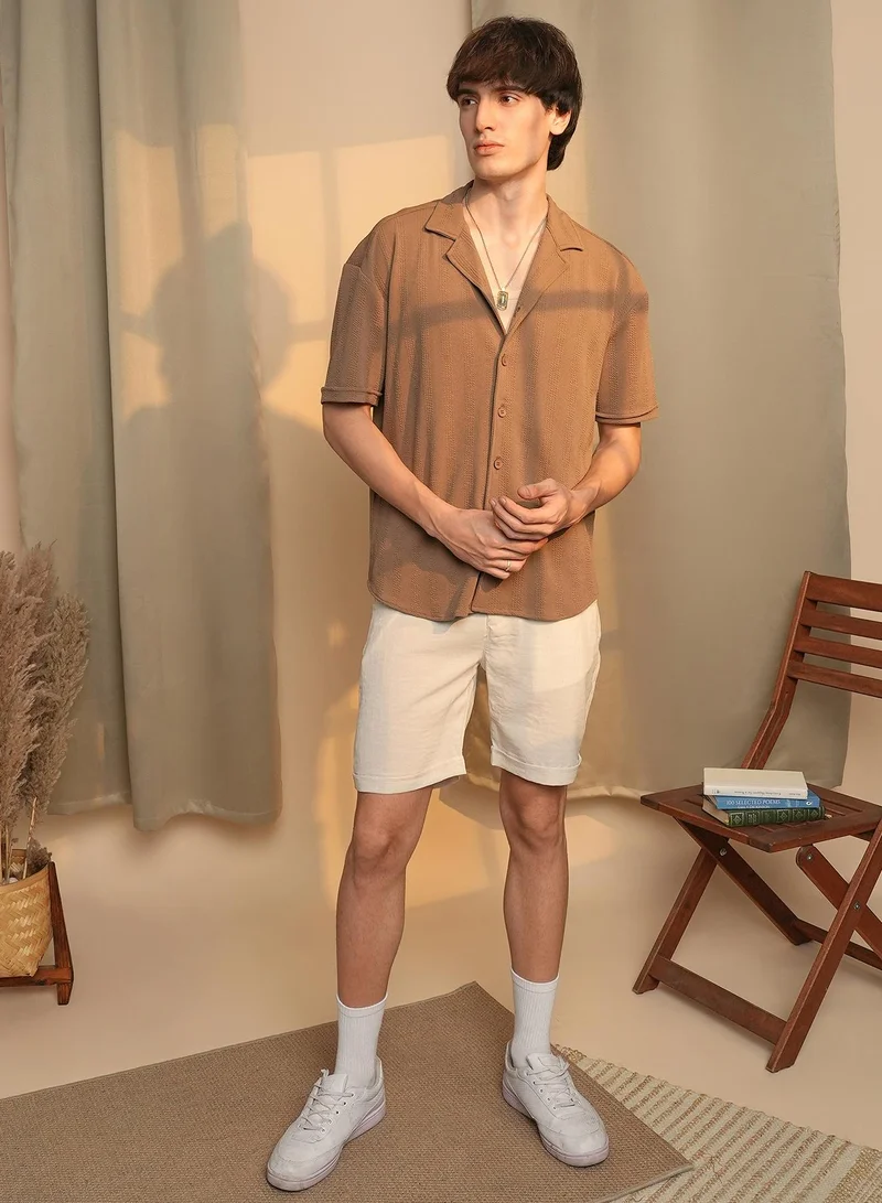كامبوس سوترا Men's Tan Brown Rope-Textured Oversized Shirt