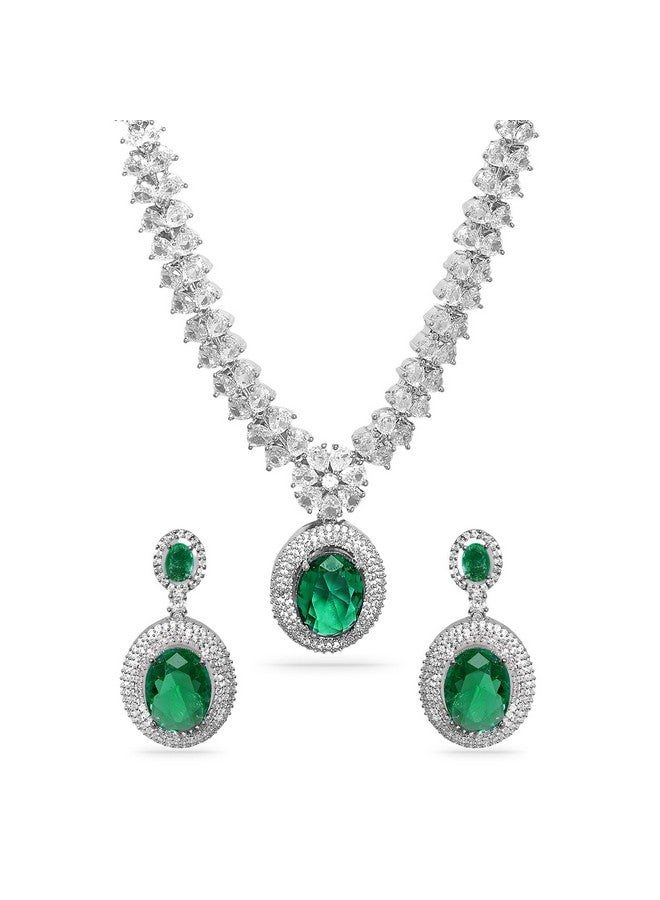 Rubans Women's Rhodium Plated Premium White & Emerald Solitaire Zircons Pendant Necklace Set - Image 1