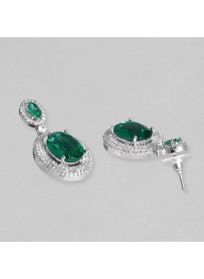 Rubans Women's Rhodium Plated Premium White & Emerald Solitaire Zircons Pendant Necklace Set - Image 3