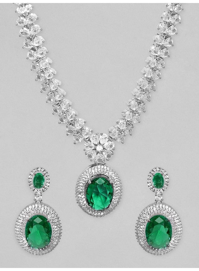 Rubans Women's Rhodium Plated Premium White & Emerald Solitaire Zircons Pendant Necklace Set - Image 2