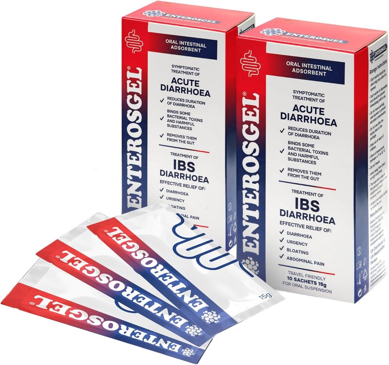 Enterosgel إنتيروسجيل لعلاج الإسهال أثناء السفر، تخفيف متلازمة القولون العصبي، تخفيف آلام المعدة، تخفيف الانتفاخ، تخفيف الغازات المحبوسة، يعالج الأسباب الجذرية، مناسب للأطفال 0، للبالغين 2 عبوات تحتوي على 10 أكياس - Image 1