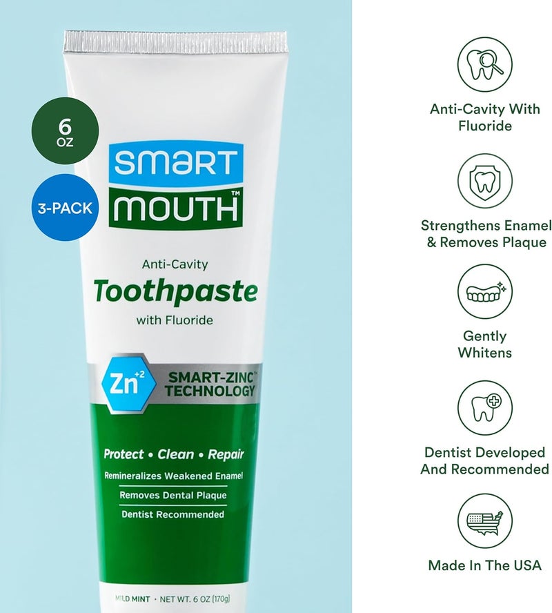 SmartMouth Premium Anti-Cavity Toothpaste with Fluoride, Mild Mint Flavor, 6 oz (Pack of 3) - Image 4
