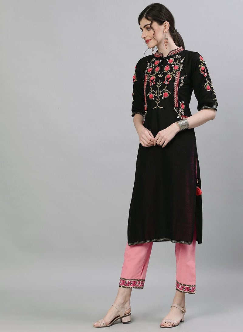 ISHIN Women'S Black 100% Cotton Floral Tunic Regular Fit Kurta - Image 3