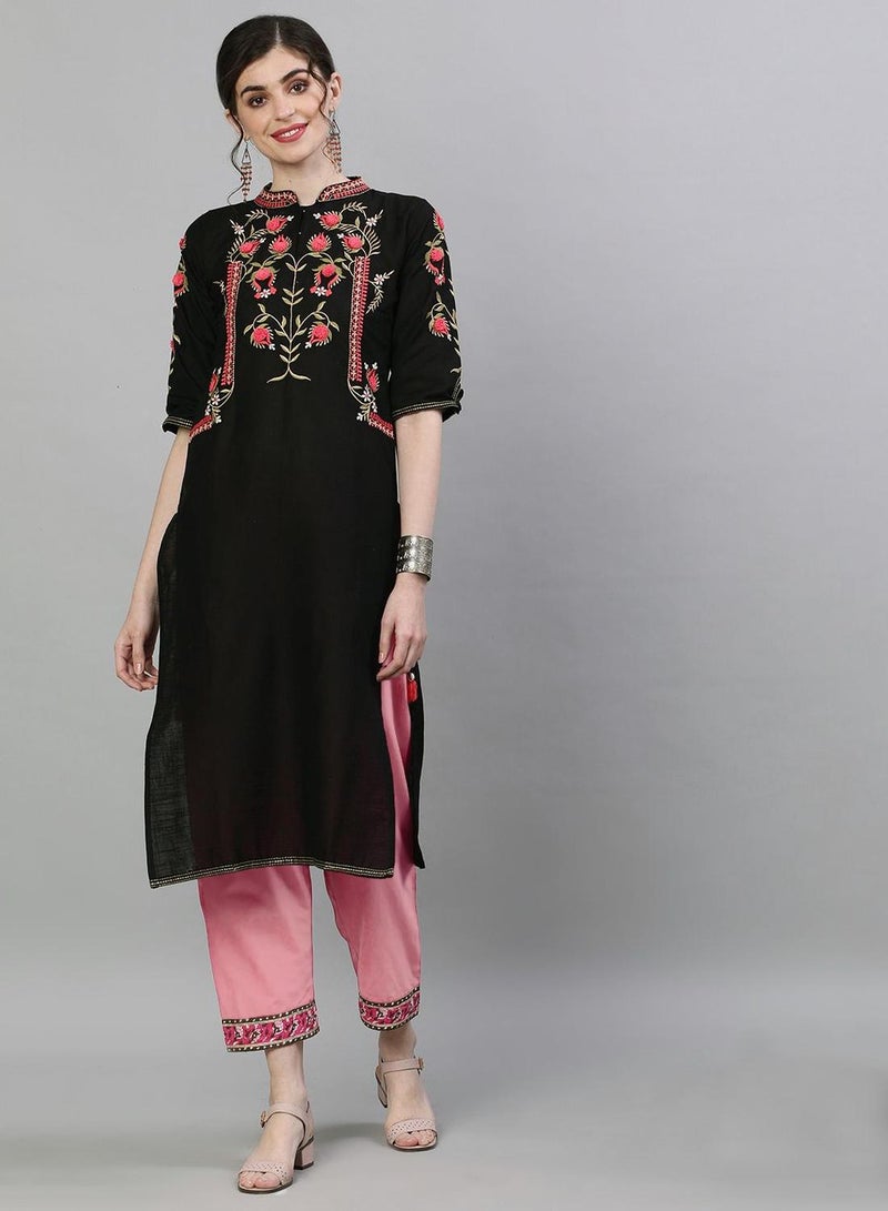 ISHIN Women'S Black 100% Cotton Floral Tunic Regular Fit Kurta - Image 1