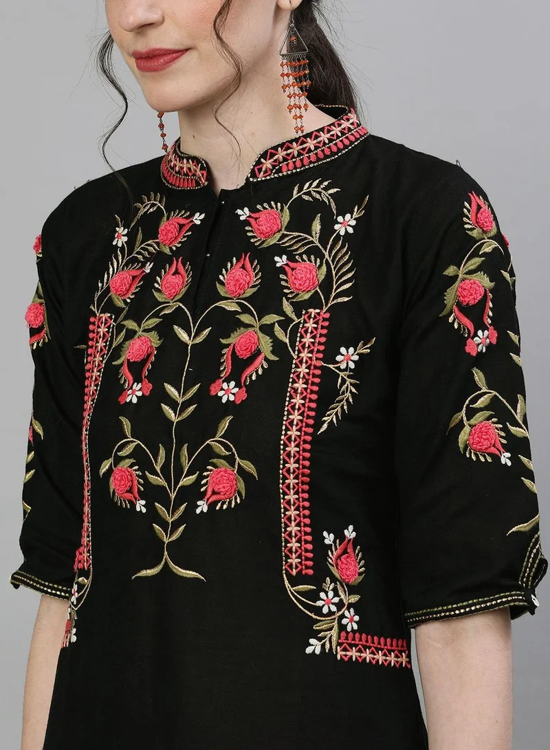 آي شين Women'S Black 100% Cotton Floral Tunic Regular Fit Kurta