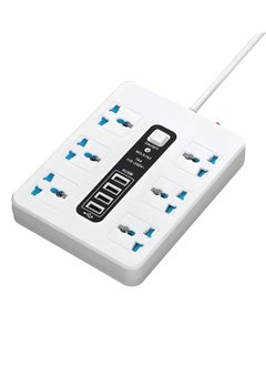 8-Way Extension Lead with 4 USB Ports, 2M UK Power Strip, 13A Multi Plug Adapter with Surge Protection, 3-Pin Socket Extender, White - Ideal for Home, Office, and Travel