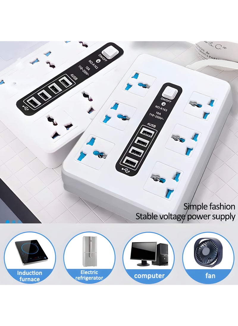 VMK GLOBAL - 8-Way Extension Lead with 4 USB Ports, 2M UK Power Strip, 13A Multi Plug Adapter with Surge Protection, 3-Pin Socket Extender, White - Ideal for Home, Office, and Travel - Image 1