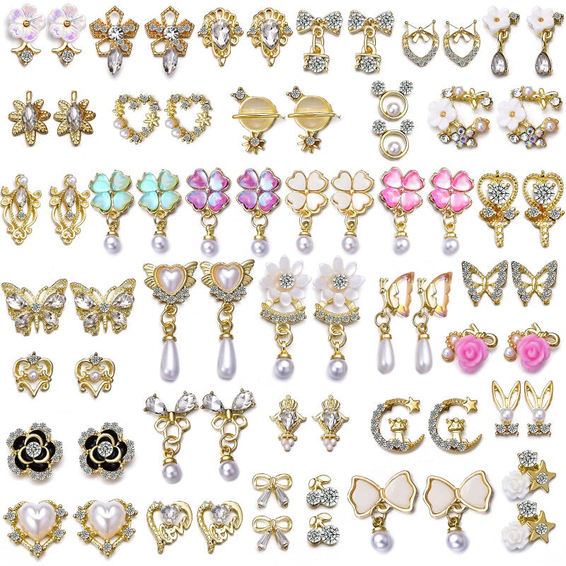 1 Pack of 50pcs 3D Nail Charms for Acrylic Nails with Art Nail Gems and Rhinestones 1Gold Tone