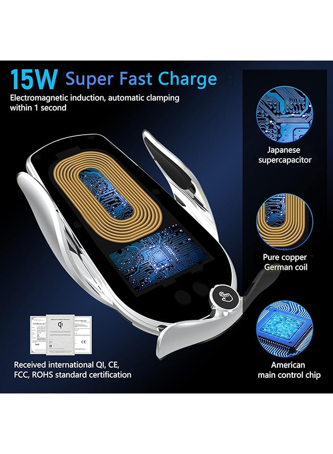 KASTWAVE Wireless Car Charger - 15W Qi Fast Charging, Smart Sensor Air Vent Mount For Iphone And All Smartphones - One-Hand Operation, 360° Rotation - Silver - Image 2