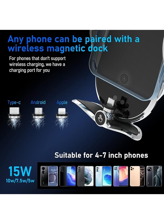 KASTWAVE Wireless Car Charger - 15W Qi Fast Charging, Smart Sensor Air Vent Mount For Iphone And All Smartphones - One-Hand Operation, 360° Rotation - Silver - Image 5