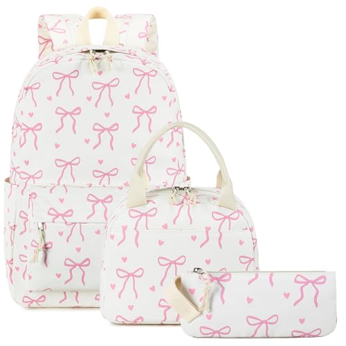 LOIDOU Backpack for Teen Girls Bookbags School Backpack with Lunch Box and Pencil Case 3 in 1 School Bags Set (Pink Bow Tie 18) - Image 1