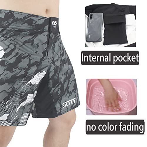SOTF MMA Boxing Fight Shorts Mens Stretch Sports Training Shorts, Gray With Pocket, L for waist 36-37inch - Image 4