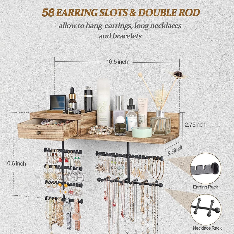 VINAEMO Jewelry Organizer Hanging Wall Mounted Jewelry Holder with Rustic Wood Drawer & Large Capacity Storage Shelf Rack Display for Earrings Rings Necklaces Bracelet - Image 5