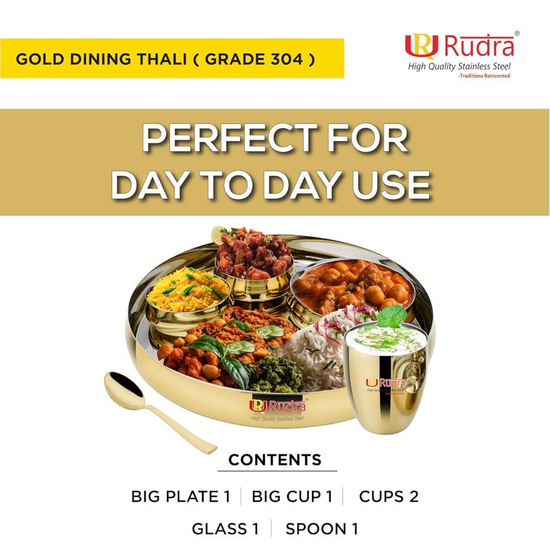 RUDRA Stainless Steel 6 Piece Gold Deluxe Dinner PlateThali Buffet Set Combo Grade 304 for Gifting for Home Restaurants Family - Image 4
