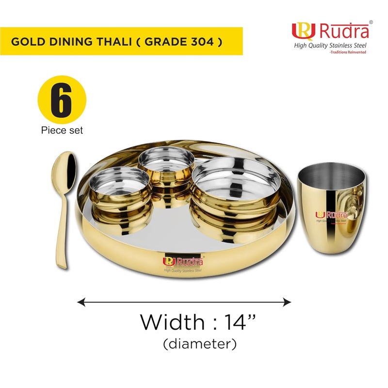 RUDRA Stainless Steel 6 Piece Gold Deluxe Dinner PlateThali Buffet Set Combo Grade 304 for Gifting for Home Restaurants Family - Image 2