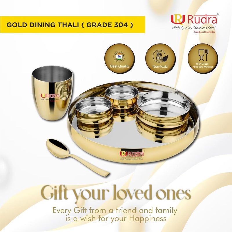 RUDRA Stainless Steel 6 Piece Gold Deluxe Dinner PlateThali Buffet Set Combo Grade 304 for Gifting for Home Restaurants Family - Image 5
