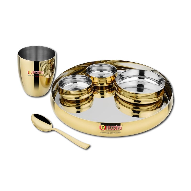 RUDRA Stainless Steel 6 Piece Gold Deluxe Dinner PlateThali Buffet Set Combo Grade 304 for Gifting for Home Restaurants Family - Image 1
