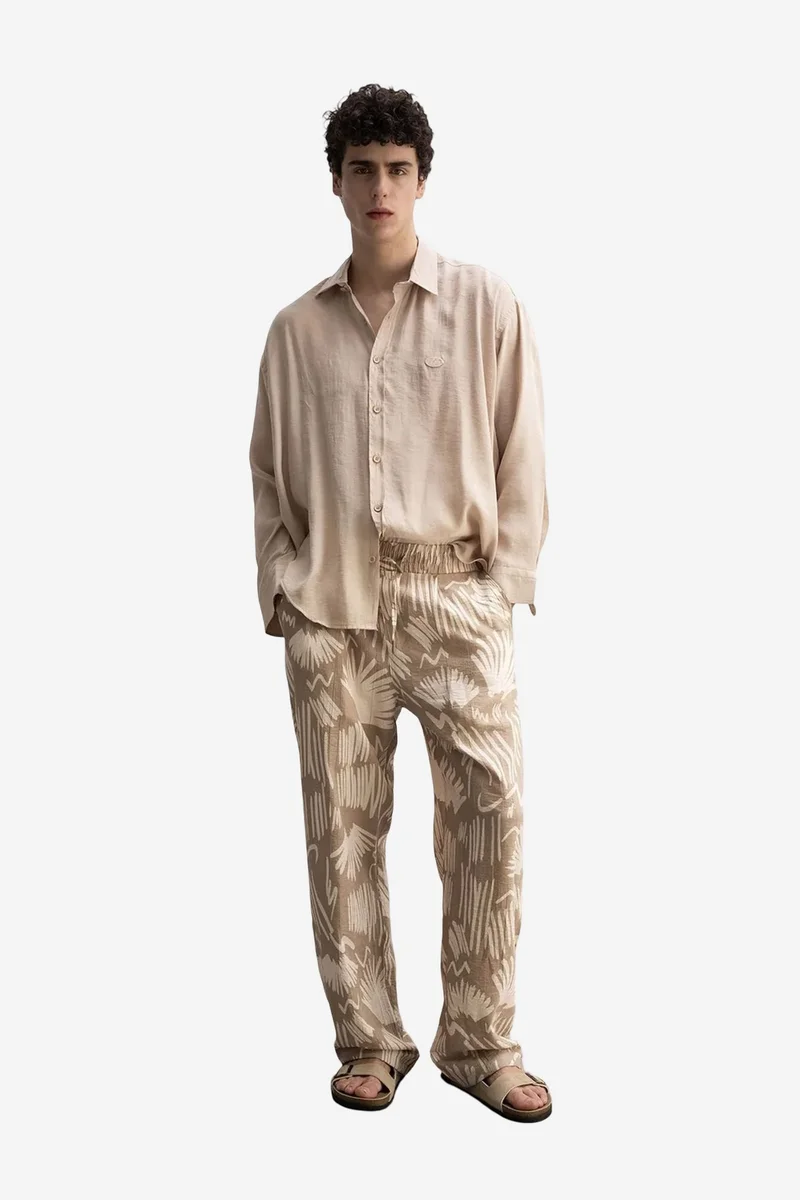 Giesto Beige Natural GIESTO Relaxed Fit Wide Leg Patterned Pants with Drawstring Waist for Men | Best Price UAE