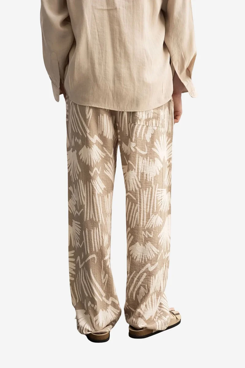 Giesto Beige Natural GIESTO Relaxed Fit Wide Leg Patterned Pants with Drawstring Waist for Men | Best Price UAE