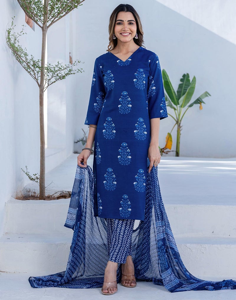 SIRIL Women's Cotton Printed A-Line Kurta with Pant & Dupatta (276KBD2891-M_Blue) - Image 3