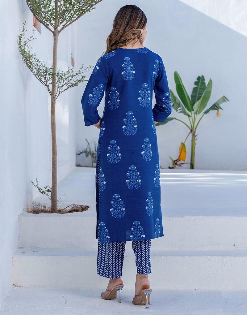 SIRIL Women's Cotton Printed A-Line Kurta with Pant & Dupatta (276KBD2891-M_Blue) - Image 2