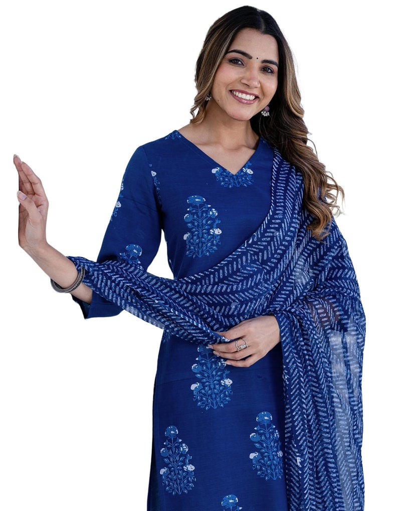 SIRIL Women's Cotton Printed A-Line Kurta with Pant & Dupatta (276KBD2891-M_Blue) - Image 1