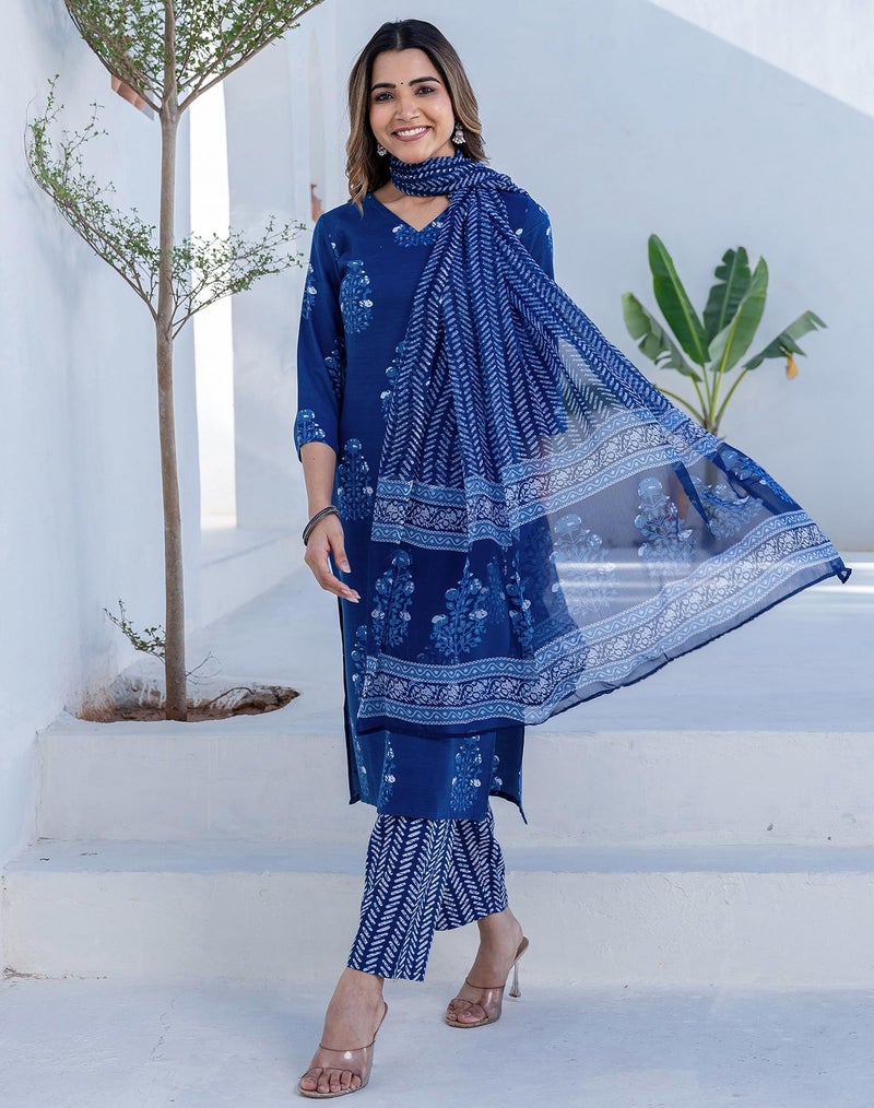 SIRIL Women's Cotton Printed A-Line Kurta with Pant & Dupatta (276KBD2891-M_Blue) - Image 4